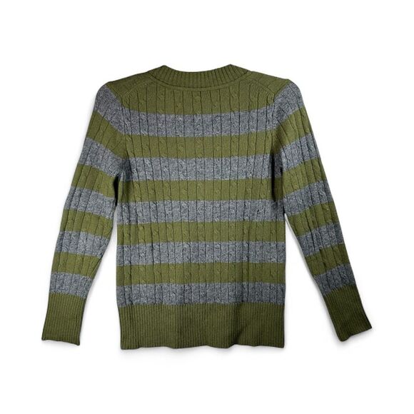 LOFT Green Gray Striped Sweater Women’s L Wool Blend V-Neck Cable Knit Soft Cozy - Picture 3 of 11